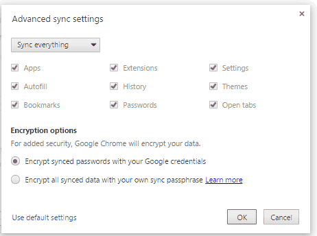 Google Chrome Advance Sync Setting