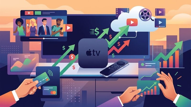 Streaming media and Apple TV device with analytics charts and cloud storage.