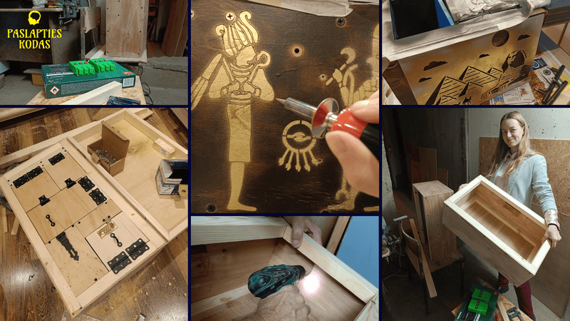 How technology turns a simple box into an interactive puzzle Woman assembling a wooden box with laser cut design and tools.
